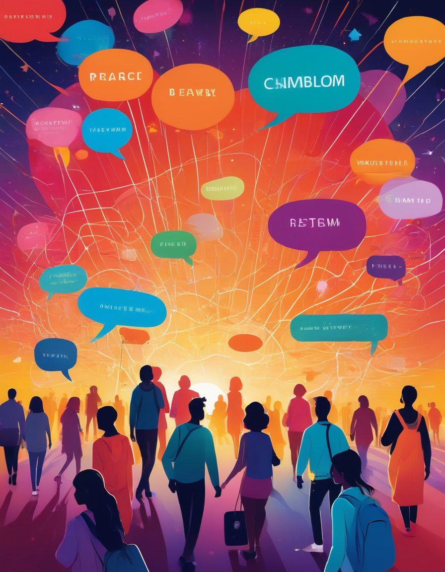 A vibrant and artistic representation of a diverse group of bloggers from various niches, each expressing their unique voice through colorful speech bubbles filled with words. The background features a dynamic blend of imagery representing different blog topics, like travel, food, fashion, and technology, interconnected by glowing lines symbolizing community. The atmosphere should feel inspiring and lively, emphasizing creativity and individuality. bright colors. modern illustration style.
