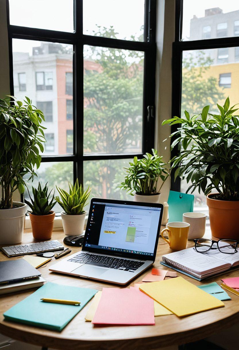 A vibrant workspace filled with colorful notebooks, a laptop open with a captivating blog post on the screen, and bright sticky notes scattered around. In the background, a large window letting in natural light, with plants flourishing and a coffee mug steaming invitingly. The atmosphere exudes inspiration and creativity, encouraging the viewer to explore blogging in 2023. super-realistic. vibrant colors. natural light.