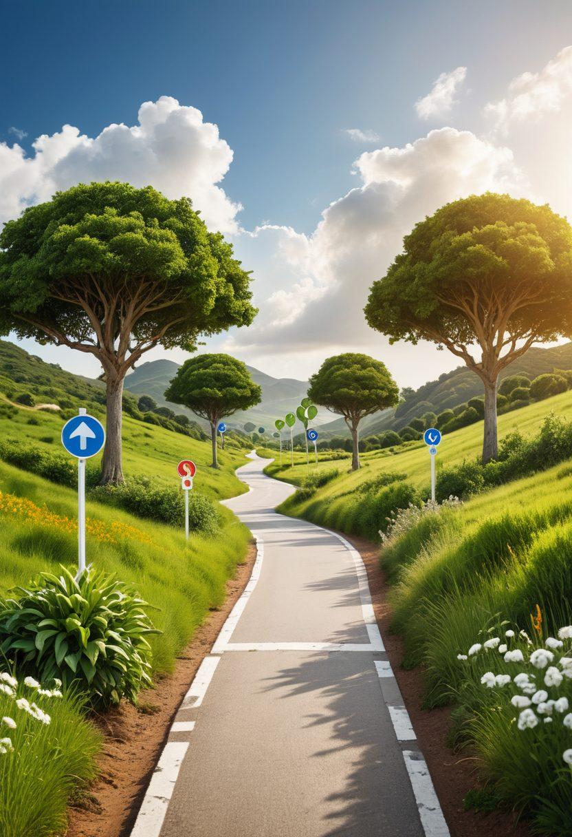 A detailed roadmap illustrating a journey through a vibrant blogging landscape, featuring signposts labeled 'Monetization', 'Growth Tips', and 'Content Creation'. Include a diverse group of bloggers sharing ideas at a crossroads, with lush greenery and digital elements like social media icons adorning the scenery. The sky should be bright to symbolize optimism and opportunity. super-realistic. vibrant colors. white background.